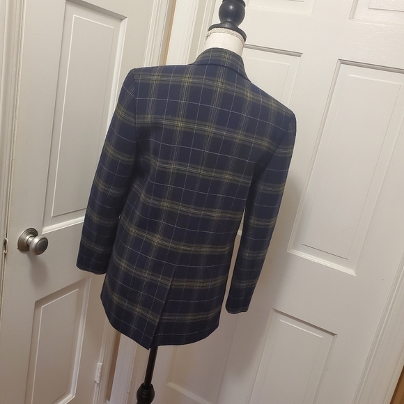 Navy Plaid Fully Lined Career Blazer Medium Navy/Green Classic - Picture 3 of 12